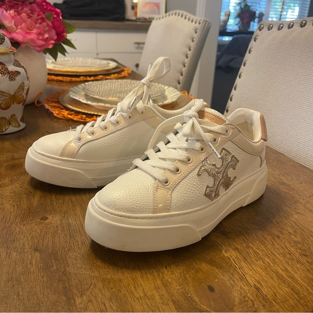 Tory Burch White Cream Platform Leather Sneakers